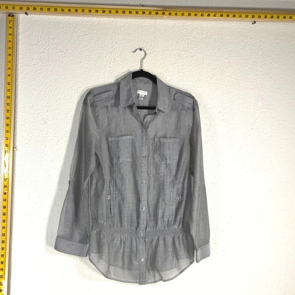 Chicos Grey Striped Utility Blouse Roll Tab Sleeve Cinched Waist Size 1 M
